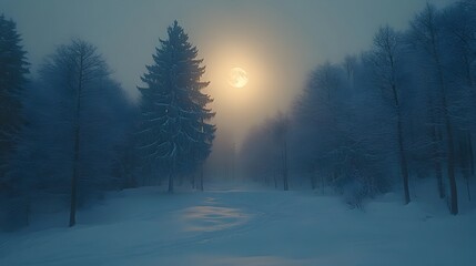 Fototapeta premium Snowy Forest Glowing in Ethereal Moonlight on a Peaceful Winter Night
