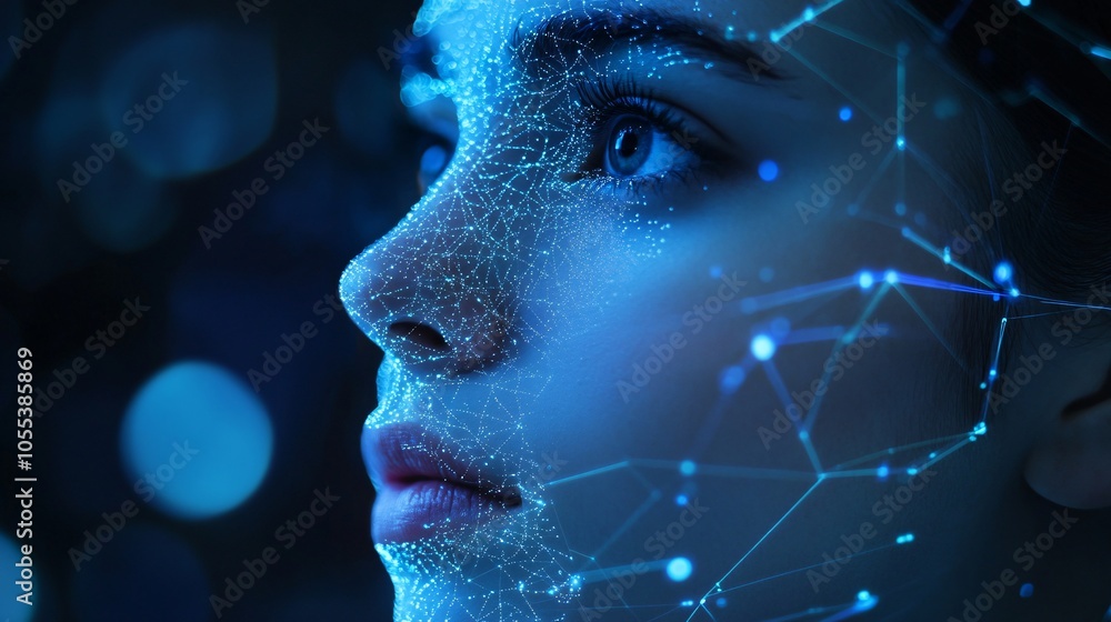 Aufkleber Artificial intelligence is scanning and identifying woman face using facial recognition system
