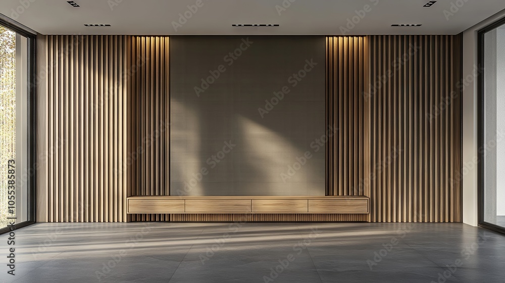 Aufkleber spacious modern empty room featuring gray slatted accent wall and custom built-in wooden cabinet – h