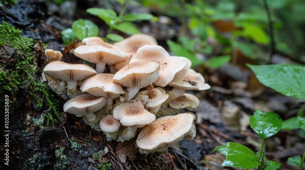 Aufkleber a cluster of pale mushrooms growing on a tree trunk in a damp forest setting.