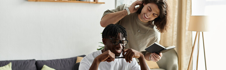 Two partners share a delightful moment, filled with joy and warmth in their spacious home.