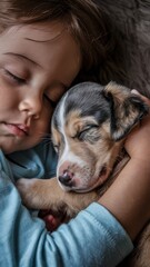 Young Child Resting with Dog in Lap in Peaceful Indoor Environment