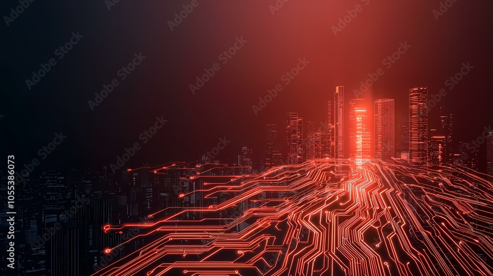 Aufkleber a futuristic cityscape with towering skyscrapers and neon colored lines representing pathways of dat