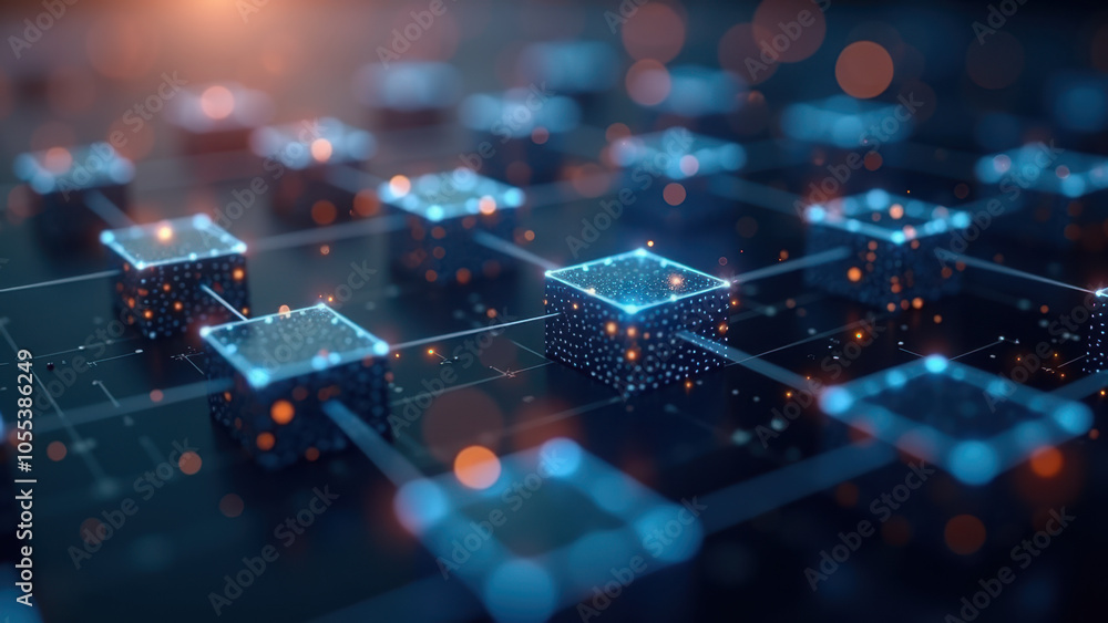 Poster abstract 3d graphic of a network or circuit board with glowing blue and orange elements.