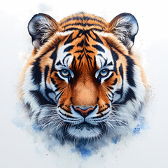 Naklejka premium Tigers have powerful builds, bold orange fur with black stripes, and intense eyes. There is a sense of strength and grace about the tiger's face, with sharp features and a focused gaze.