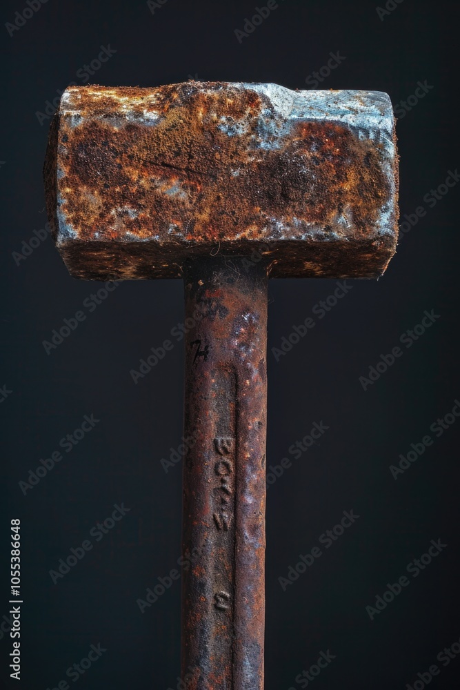 Poster close-up of an old hammer with a rusted handle on a dark background, ideal for use in historical or 