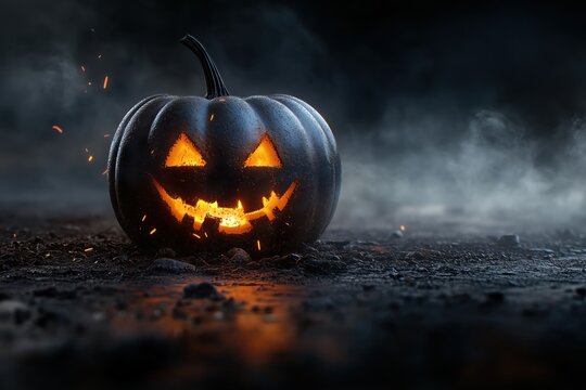 A glowing black pumpkin grins mischievously in a misty Halloween night setting