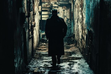 A lone figure navigates a dimly lit alley at night, dressed in black coat and hat