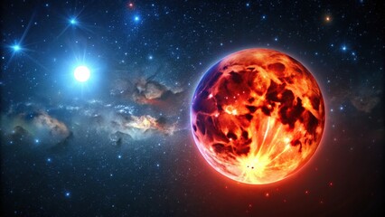 A red moon glowing brightly in a clear night sky with stars twinkling around it, lunar phase, nebulae, galaxies, full moon, space