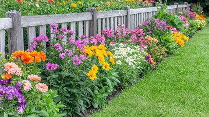 Fototapeta premium Vibrant Flower Bed Along Wooden Fence
