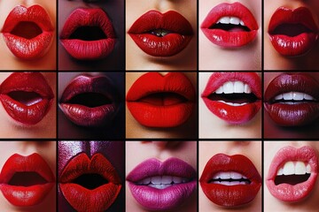 Fototapeta premium A collage of various lip shapes and colors with different shades of lipstick