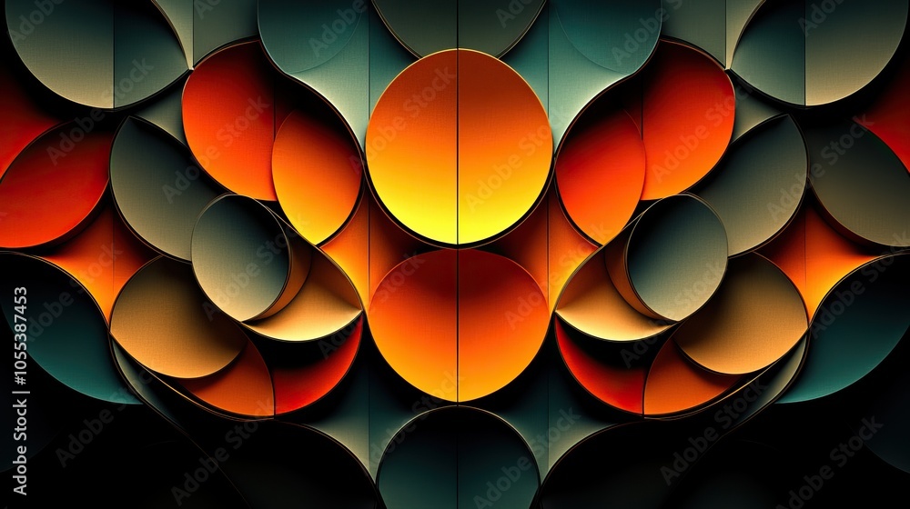 Poster a colorful abstract design of circles and squares. the circles are orange and the squares are blue. 