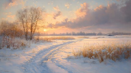 Frosty Winter Morning with Snow Covered Field and Warm Golden Light in Peaceful Landscape Scene