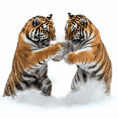 Naklejka premium Tigers have powerful builds, bold orange fur with black stripes, and intense eyes. There is a sense of strength and grace about the tiger's face, with sharp features and a focused gaze.