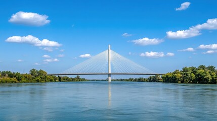 Fototapeta premium Modern Cable-Stayed Bridge Over Calm River Waterway
