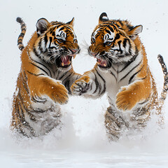Obraz premium Tigers have powerful builds, bold orange fur with black stripes, and intense eyes. There is a sense of strength and grace about the tiger's face, with sharp features and a focused gaze.