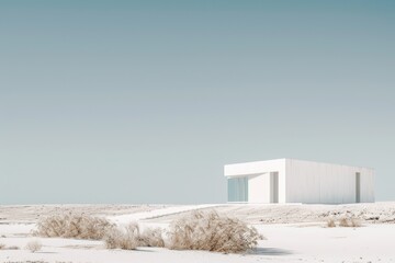 A single-story building sits atop a snow-covered field, providing a unique perspective