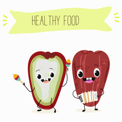 Cute chompu fruits, rose apple, Malabar plum characters, funny fruits, different activities. Flat vector illustration. Organic food, healthy food, illustrations for kids menu, invitations.