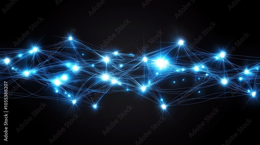 Poster bright blue interconnected light nodes on a dark background representing digital network connectivit