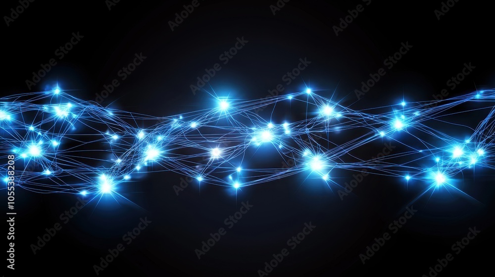 Poster bright blue interconnected light nodes on a dark background representing digital network connectivit