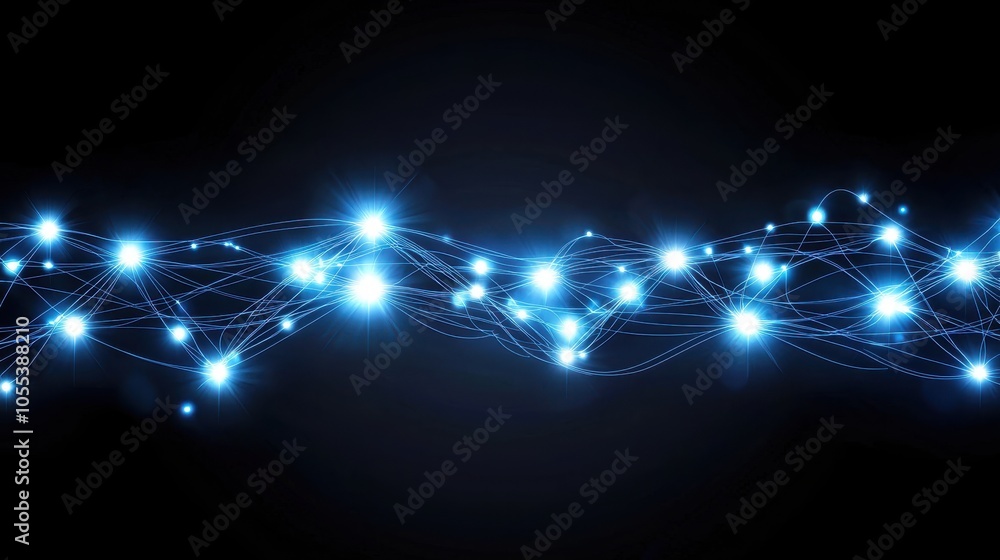 Poster bright blue interconnected light nodes on a dark background representing digital network connectivit
