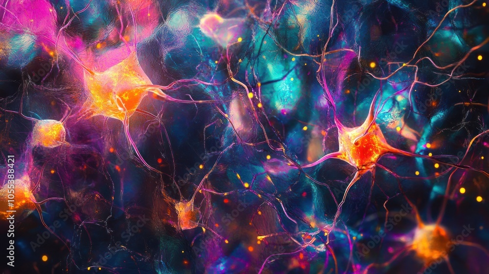 Poster a neural network inside the brain, showcasing interconnected neurons with synapses glowing in vibran
