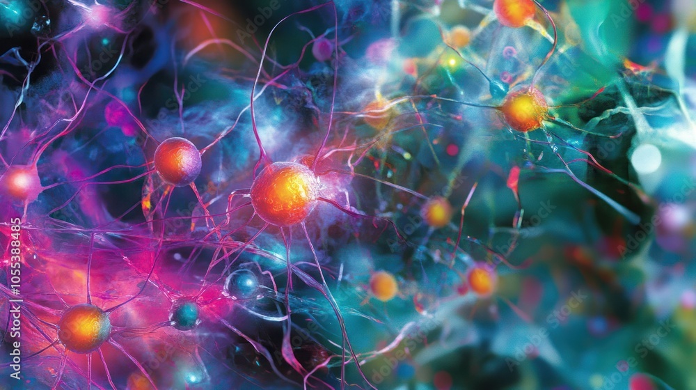 Poster a neural network inside the brain, showcasing interconnected neurons with synapses glowing in vibran