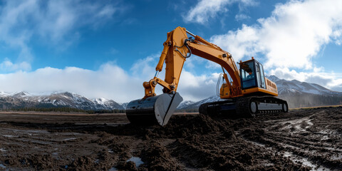 Heavy machinery excavates land under a bright sky near snow-capped mountains in the afternoon