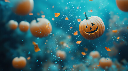 Halloween pumpkins falling in motion. AI generative
