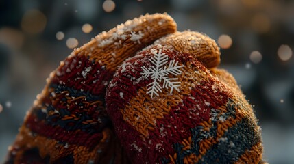 Obraz premium Close up of Cozy Knitted Gloves with Resting Snowflakes Capturing a Simple Winter Moment