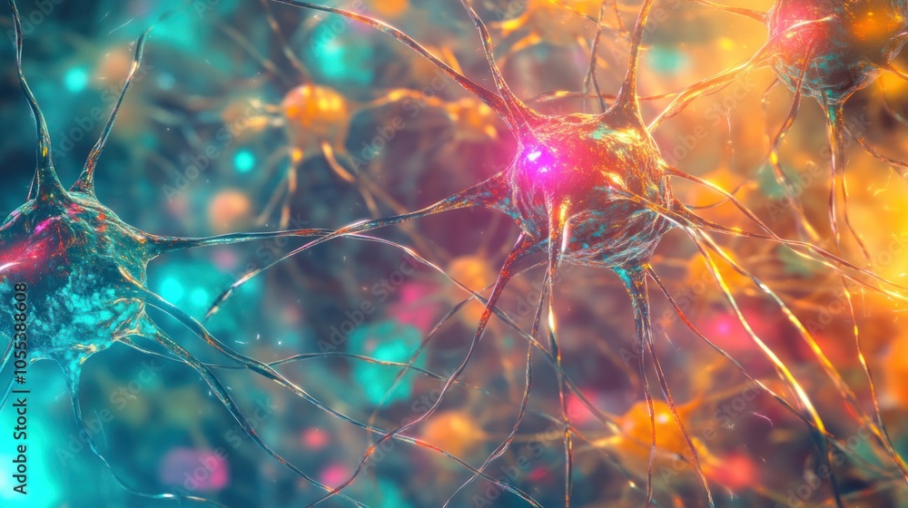 Poster a neural network inside the brain, showcasing interconnected neurons with synapses glowing in vibran