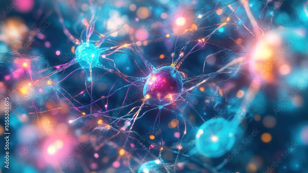 Poster a neural network inside the brain, showcasing interconnected neurons with synapses glowing in vibran