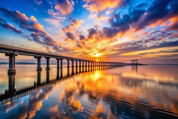 Fototapeta premium Breathtaking Sunrise Over a Bridge with Vibrant Pink and Purple Reflections on Water