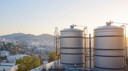 Obraz premium Urban Landscape with Industrial Tanks and City View