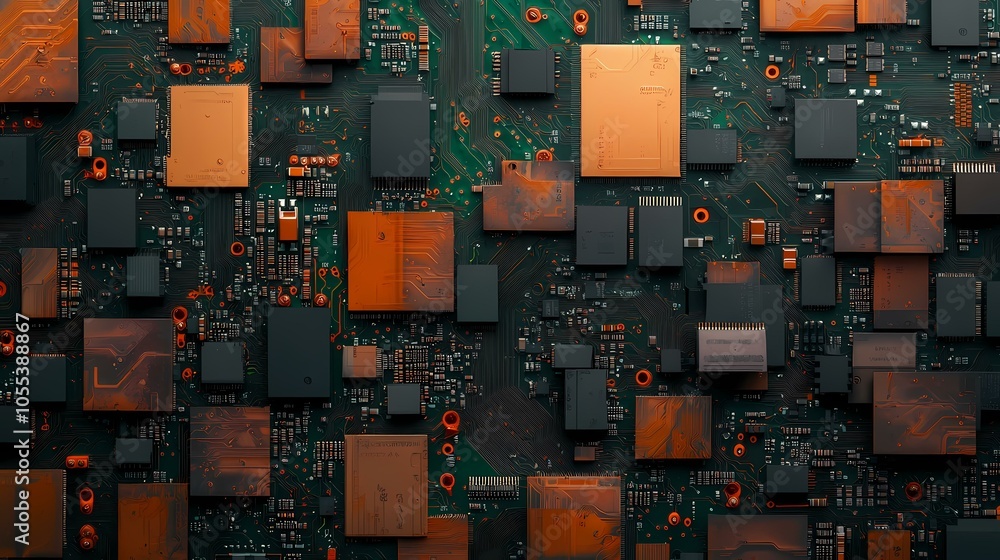 Aufkleber the image shows a circuit board with intricate patterns of wires and electronic components, with a d
