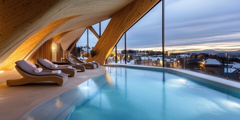 Relaxing in a luxurious indoor pool with magnificent views of a snowy landscape at sunset
