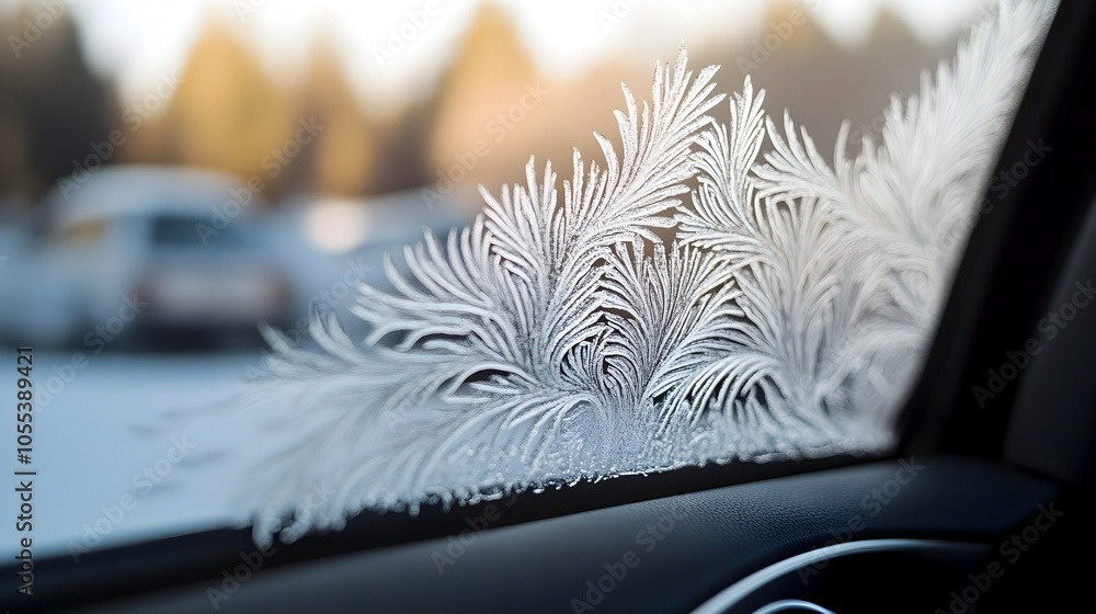 Poster delicate frost patterns on chilly window in line art style