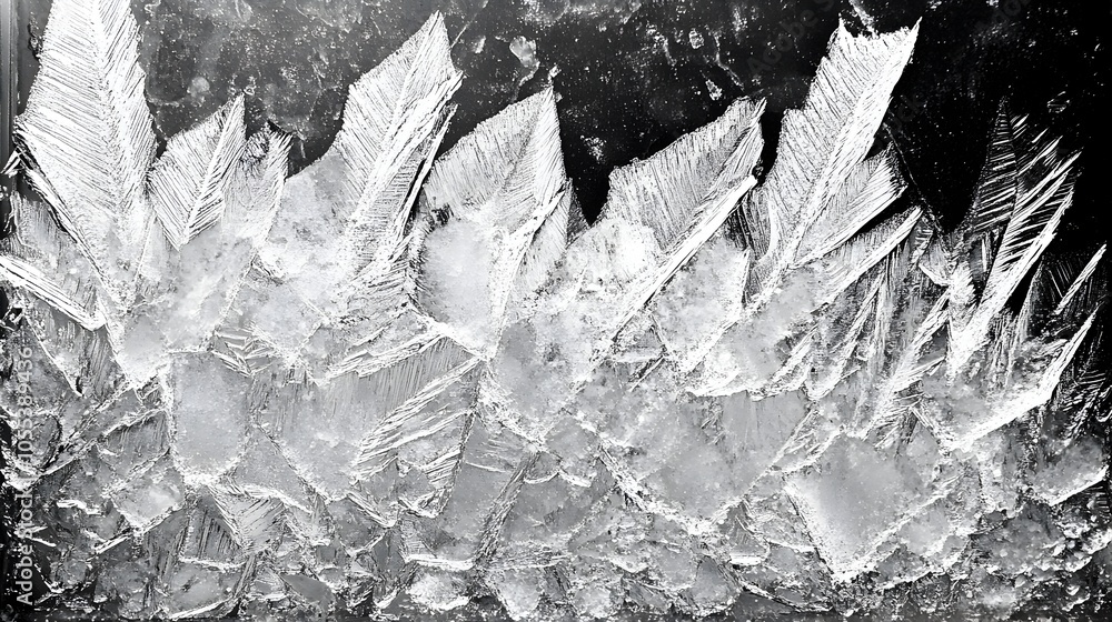 Poster delicate frost patterns in line art style on chilly morning window