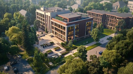Fototapeta premium Realistic 3d architectural rendering of a modern office building nestled in a newly developed residential area with surrounding homes, green spaces, and community amenities