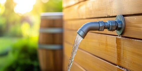 Fototapeta premium Water flows gracefully from a spout into a serene garden during golden hour sunlight