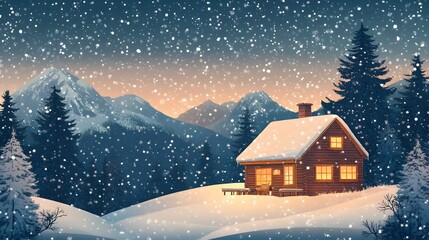 Fototapeta premium Cozy Cabin in the Snowy Mountain Landscape with Glowing Windows at Night