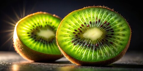 A vibrant kiwi fruit cut in half, showcasing its intricate pattern of seeds and the delicate fuzz that covers its skin, illuminated by a soft light that emphasizes its juicy texture.
