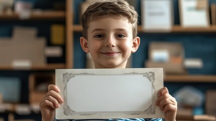 A young boy holds a blank certificate mockup for classroom use