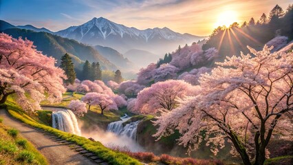 A Serene Waterfall Cascading Through a Valley Adorned with Delicate Pink Blossoms, Illuminated by the Golden Rays of a Setting Sun