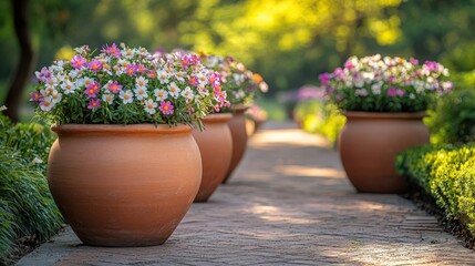 Beautiful flower pots line a garden path during a sunny afternoon in spring