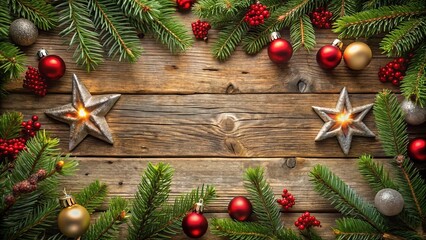 Rustic Wooden Background Adorned with Evergreen Branches, Festive Ornaments, and Glowing Star Decorations