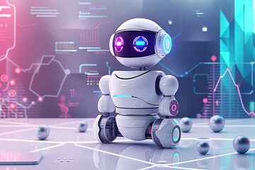 Futuristic 3D AI chatbot concept providing online customer service and financial market insights. Ideal for fintech, banking platforms, and virtual assistant promotions