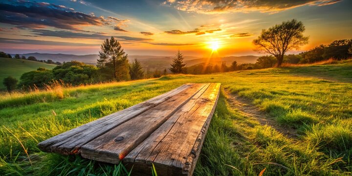 A weathered wooden bench rests on a grassy hillside overlooking a breathtaking panorama of rolling hills bathed in the warm glow of a setting sun.