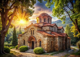 Fototapeta premium Byzantine Church in Feres, Greece - Historic Architecture with Bokeh Effect