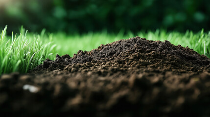 Close-up of fresh earth soil pile with green grass background, focus on texture and richness of the soil, representing gardening and nature.